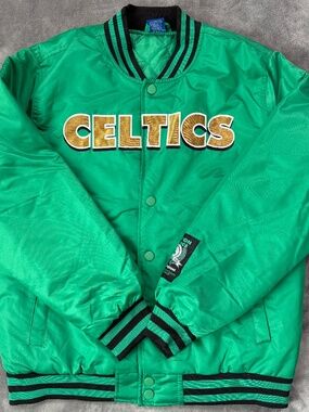NBA Boston Celtis Satin Varsity Snap On Men's Bumber Jacket Green Sz M ($120)